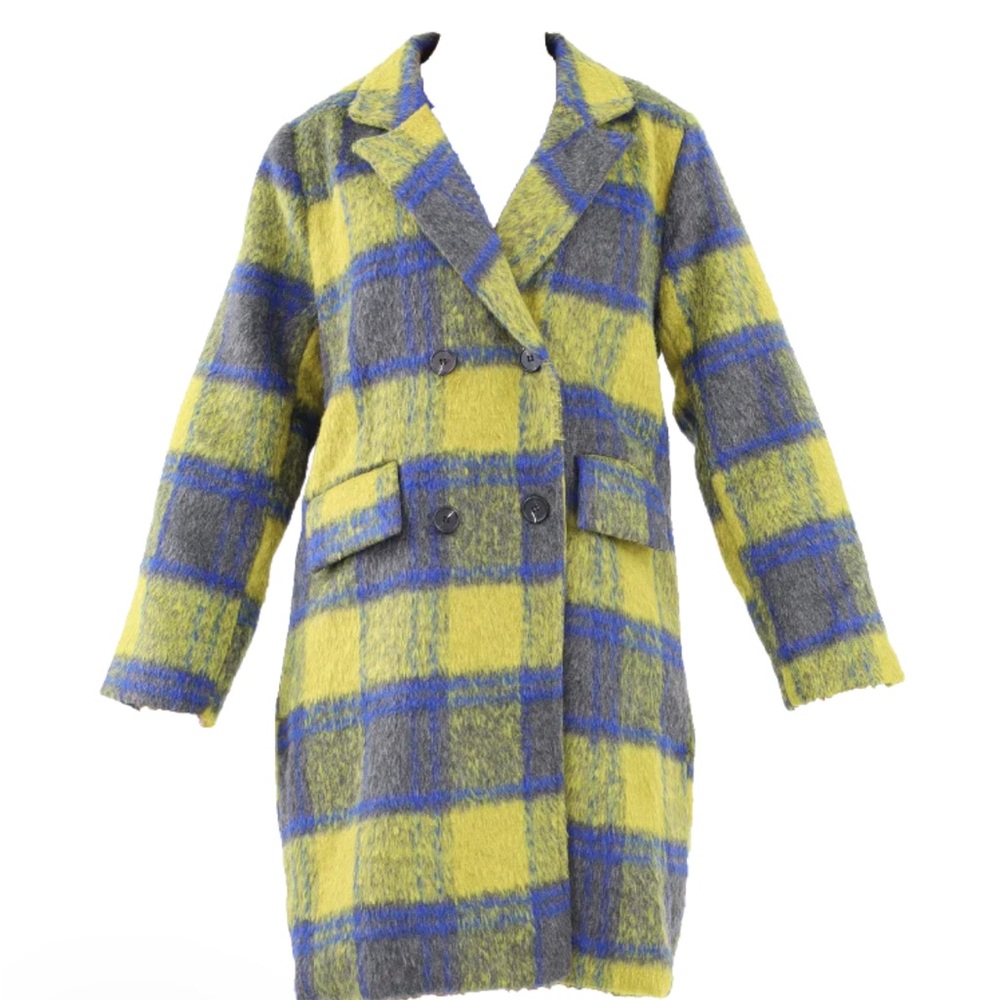 Yellow and Blue Plaid Women's Coat